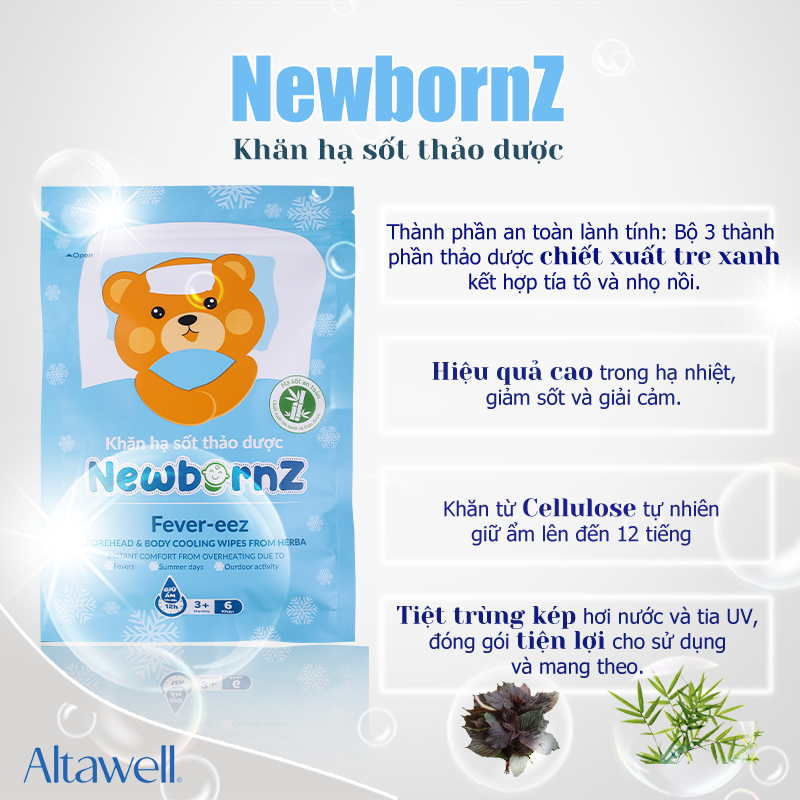 Khăn hạ sốt thảo dược NewbornZ an toàn cho trẻ với thành phần thảo dược