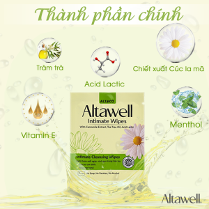 Altawell Intimate Wipes chứa thành phần chính gồm chiết xuất cúc la mã. dầu tràm trà, Acid Lactic